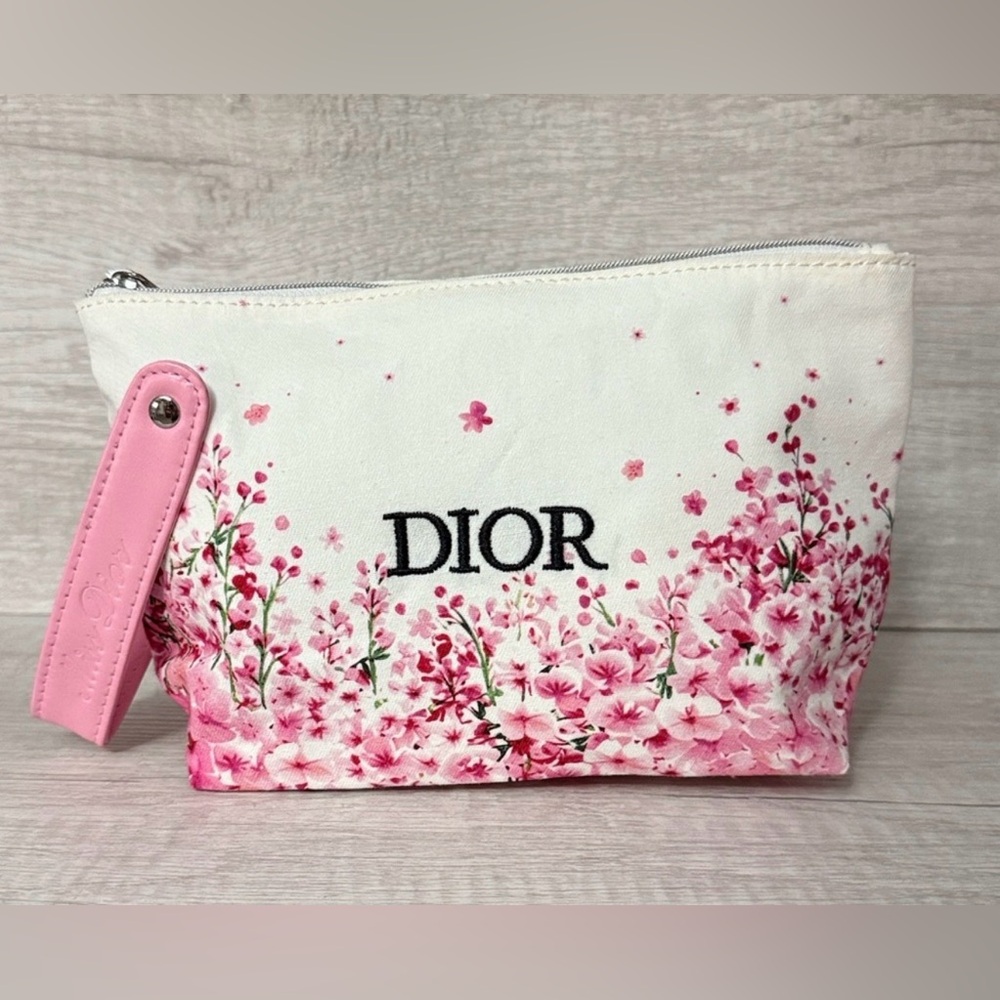 Dior Beauty✨🩷🌸White Canvas Cosmetic Pouch with Pink Floral Print - Picture 1 of 5